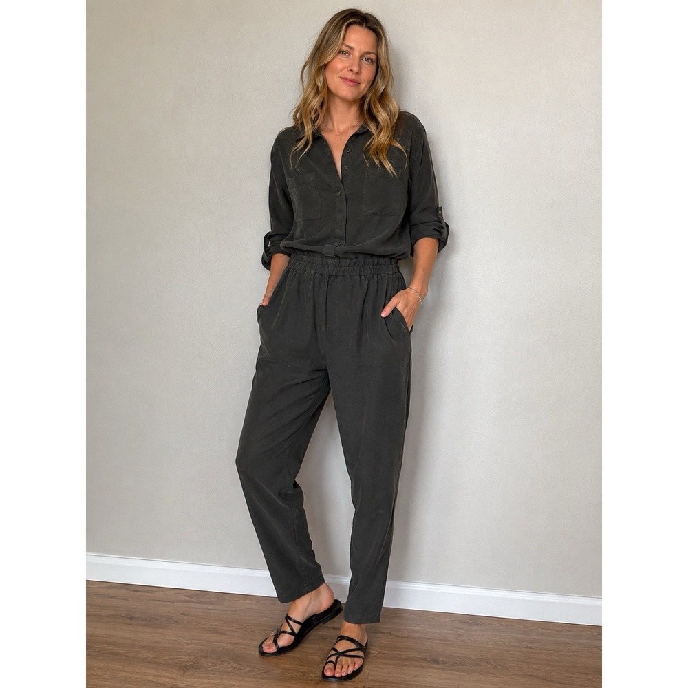 The Fisher Project 100% Silk Black Jumpsuit Sz M Button Front Drop Waist Relaxed
